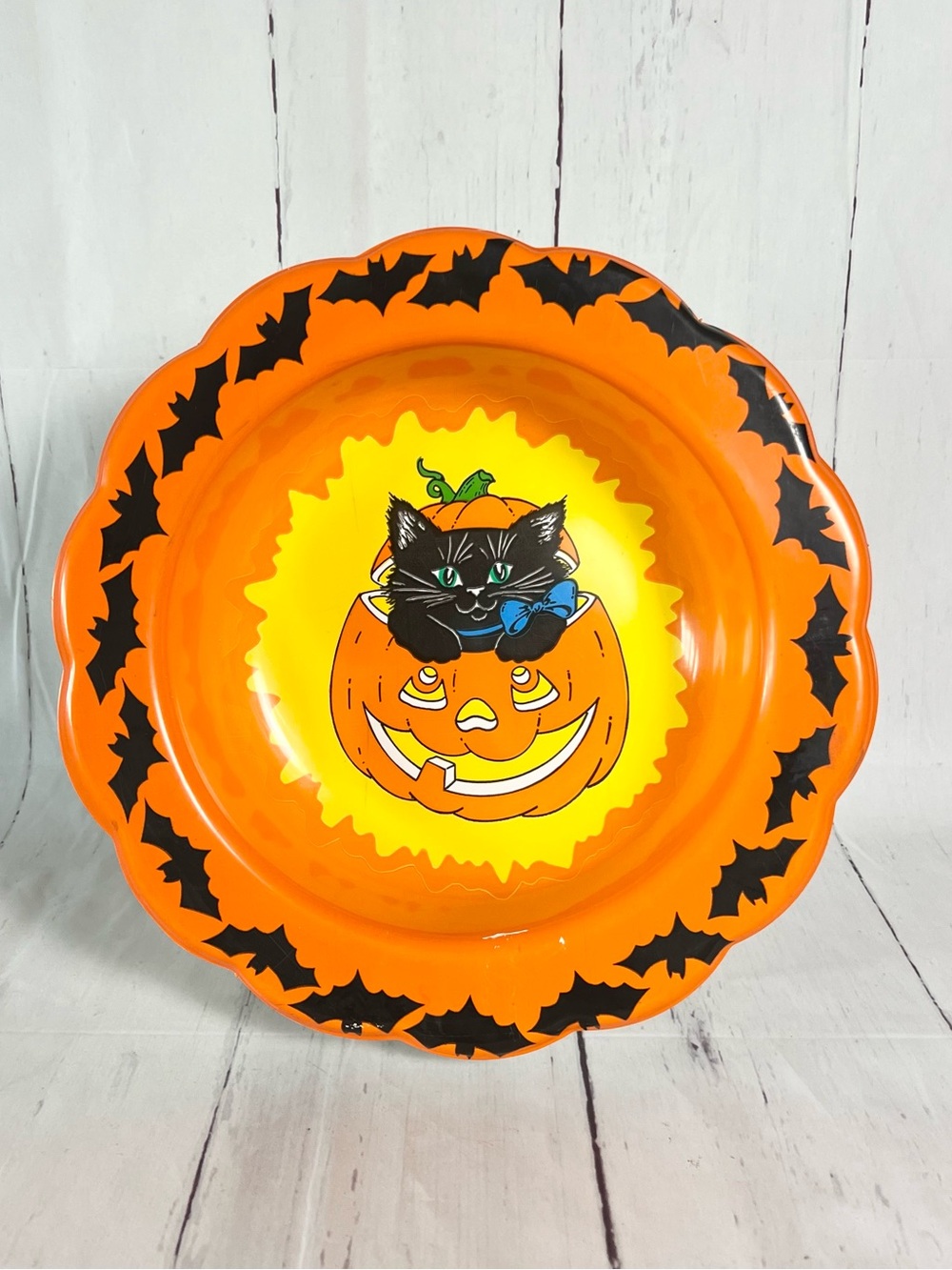 Berman Industries Vintage Halloween Candy Bowl Dish Black Cat Jack-O-Lantern USA